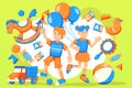 Vector of children playing. children playing with toy horses, balls, toy cars and balloons Royalty Free Stock Photo