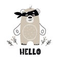 Vector children`s hand-drawn illustration of a cute pirate bear. Cute baby animals in Scandinavian style with the words Hello. Pri