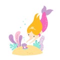 Vector children\'s illustration of a beautiful mermaid swimming to a shell with pearls. Cute sea princess