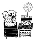 Vector children`s interior set of bedside table, basket with toys and moon globe Royalty Free Stock Photo