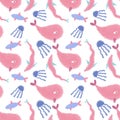 Vector Children's pattern with the underwater world painted in watercolor. Pink whales and blue jellyfish.