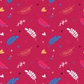 Vector children`s seamless pattern with leaves, hearts and stars on a red background in doodle style Royalty Free Stock Photo