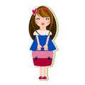 Vector children`s sticker of a cartoon little black-haired girl in a blue dress with a briefcase in her hands. Concept of soon to