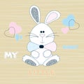 Vector children illustration of a cute white bunny boy on a striped beige background with hearts.