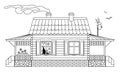 Vector childrens coloring book a wooden house 2 window, porch tiled roof, flowers on terrace, birdhouse on the roof of the house,