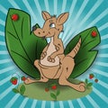 Childrens illustration of a small kangaroo in a clearing among the raspberry leaves