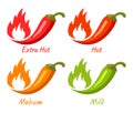 Vector chili pepper with flames of fire as spicy food symbols