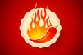 Vector chilli icon with fire. Vector logo with red chili with flame. Retro emblem with hot chilli and fire