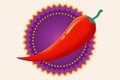 Vector chilli pepper in retro style is on purple banner. Vector vintage emblem with red chili pepper. Chilli logo in Mexican style