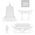 Vector Chinese architecture landmarks. Oriental buildings black white line art gate pagoda and gazebo. Set different Royalty Free Stock Photo