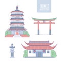 Vector Chinese architecture landmarks. Oriental buildings line art gate pagoda and gazebo. Set different architectural Royalty Free Stock Photo