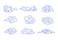 Vector Chinese Clouds Set, Icons Collection Isolated on White Background, Blue Color.