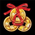 Vector Chinese coin tied with red ribbon.