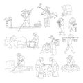 Vector Chinese farmers and fishermen black white line art set people plant rice, grow tea and go fishing. Symbols of