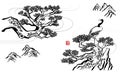 Elegant Chinese ink brush style pine tree drawing. Royalty Free Stock Photo