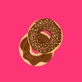 Vector Chocolate Donut, Cut in Half Donut on Bright Pink Background.