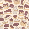 Vector chocolate pastry repeat pattern with cakes, pies, muffins, pancakes, macarons