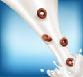 Vector chocolate rings falling in the milk. Milk splash with Royalty Free Stock Photo