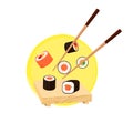 Vector Chopsticks with Rolls on Circle Background, Sushi Concept, Japanese Food Set.