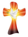 Vector christian cross with dove and olive branch on sunset or sunrise background with light rays. Peace symbol