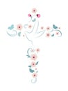 Elegant Christian cross isolated with dove pink flowers and butterflies