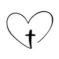 Vector Christian logo Heart with Cross on a White Background. Isolated Hand Drawn Calligraphic symbol. Minimalistic