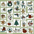 Vector Christmas Advent calendar in retro style. Collection of vector illustrations with animals, food, gifts. Christmas pictures