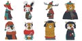 Vector christmas animals collection illustration with eight animals wearing festive winter clothes. cute funny kiddie xmas set.