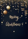 Vector Christmas background with gold serpentines, glitter, confetty and cristmas balls on a dark background. Royalty Free Stock Photo