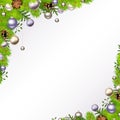 Christmas background with fir branches, silver and purple balls and cones. Vector illustration.