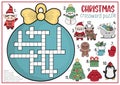 Vector Christmas ball shaped crossword puzzle for kids. Winter holiday quiz for children. Educational activity with kawaii symbols