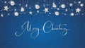 Vector Christmas banner with decorations. Sparkling silver ornaments on blue background. Merry Christmas hand written Royalty Free Stock Photo