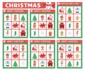 Vector Christmas bingo cards set. Fun family lotto board game with cute Santa Claus, Christmas tree, snowman for kids. Holiday