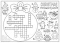 Vector Christmas black and white ball shaped crossword puzzle for kids. Winter kawaii line holiday quiz for children. Educational