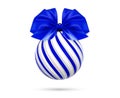 Vector christmas blue ball with blue bow and ribbon. Royalty Free Stock Photo