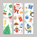 Vector Christmas bookmarks set with Santa Claus, fir tree, snowman, deer. Funny New Year design for banners, posters, invitations Royalty Free Stock Photo