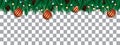 Vector of Christmas border with fir branches pine cones berries and lights on grey checkered for holiday festival celebration Royalty Free Stock Photo