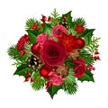 Christmas bouquet with red roses, poinsettia, balls, holly, cones and fir branches. Vector illustration. Royalty Free Stock Photo