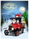 Vector Christmas card with cartoon retro Christmas truck Royalty Free Stock Photo