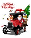 Vector Christmas card with cartoon retro Christmas truck Royalty Free Stock Photo