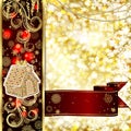 Vector Christmas card with Christmas decor, snowflakes on golden and red background