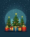 Vector Christmas card. Decorated Christmas tree with gifts. Royalty Free Stock Photo