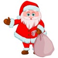 Vector Christmas card. Funny cartoon Santa Claus with a huge bag of gifts. Hand-drawn Santa Claus is coming to town. Red Royalty Free Stock Photo