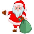 Vector Christmas card. Funny cartoon Santa Claus with a huge bag of gifts. Hand-drawn Santa Claus is coming to town. Red Royalty Free Stock Photo
