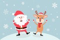 Vector Christmas card. Happy new year greeting card, Snow with cute Santa Claus and Reindeer in santa hats, winter headwear. Hello Royalty Free Stock Photo