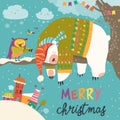 Vector Christmas card with sleeping polar bear and little owl