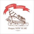 Vector Christmas Card In Vintage Style With The Image Of Santa`s Sleigh With Presents And Christmas Tree. Happy New Year
