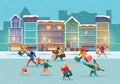 Vector christmas city street people with presents Royalty Free Stock Photo