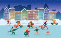 Vector christmas city street people with presents Royalty Free Stock Photo