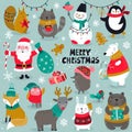 Vector Christmas collection of Santa, snowman, cute winter animals